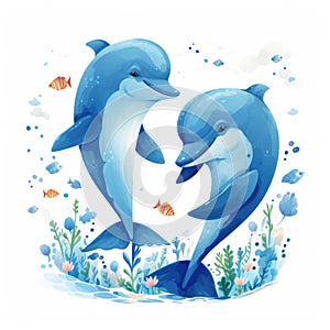 Illustration of two dolphins jumping on the waves on a white background.