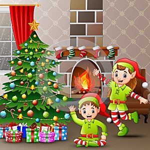 Illustration of the two elves celebrate a christmas at home