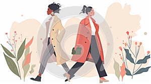 illustration of two fashionable women walking in spring park.