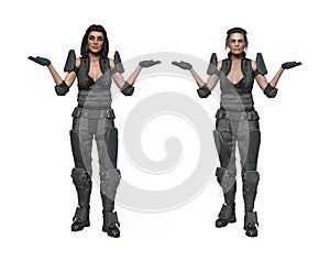 Illustration of two futuristic female soldiers portraying a whatever gesture isolated on a white background