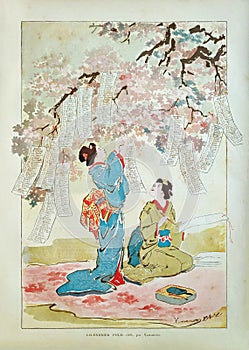 Old illustration of two geisha under a cherry tree