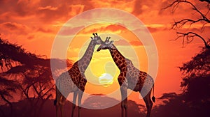 Illustration of Two giraffes standing against a warm and vibrant sunset. Silhouetted savannah landscape, acacia trees in the