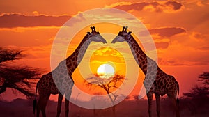 Illustration of Two giraffes standing against a warm and vibrant sunset. Silhouetted savannah landscape, acacia trees in the