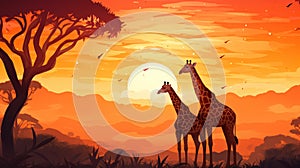 Illustration of Two giraffes standing against a warm and vibrant sunset. Silhouetted savannah landscape, acacia trees in the