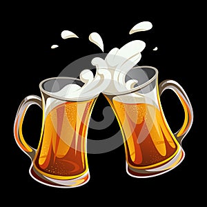 Illustration of two glass toasting mugs with beer on black background. Cheers beer glasses. Print, template, design element.