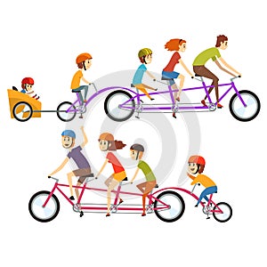 Illustration of two happy families riding on big tandem bike. Funny recreation with kids. Cartoon people characters with