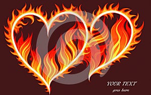 Illustration of two hearts in flames of fire
