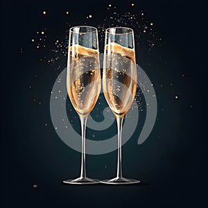 Illustration of two high glasses full of champagne on a dark background. Holiday banner with sparkling wine created for postcard,