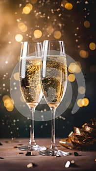 Illustration of two high glasses full of champagne on a dark background. Holiday banner with sparkling wine created for postcard,