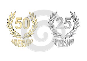Isolated 50 and 25 anniversary simbols in Spanish photo