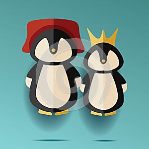 Illustration of two male and female penguins in hat and crown