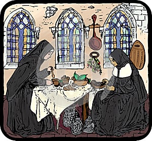 Two medieval nuns working in a castle kitchen photo