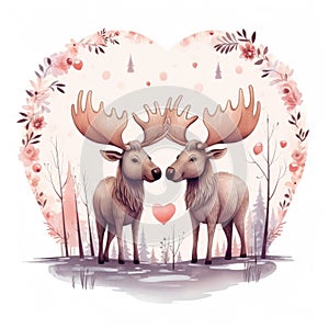 Illustration of two moose in love looking at each other on a white background