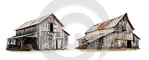 Illustration of two old abandoned wooden barns on white background