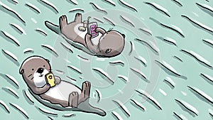 Two otters floating on water holding mobile and tablet photo