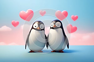 Illustration of two penguins in love on a background with red hearts