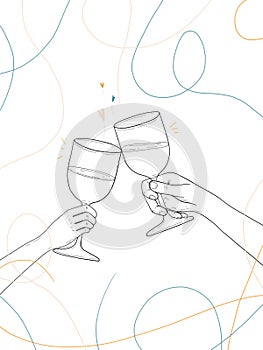 Illustration of two people hands celebrating with a glass of wine