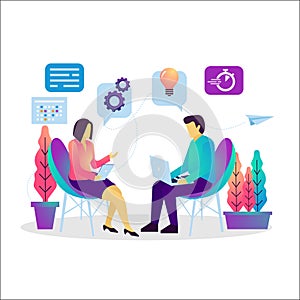 Illustration two of people meeting make some conversation, business consulting. Human resources development.