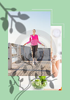 Illustration of two photos of woman with skipping rope and healthy eating on green background