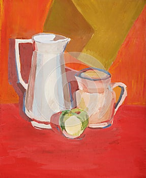 Illustration with a two pitchers and a one green apple in warm c