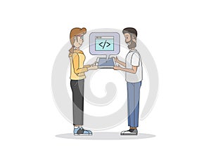 Illustration of two programmers with a tablet