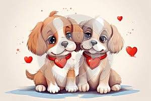 Illustration of two puppies in love with red hearts. Valentine's Day card.