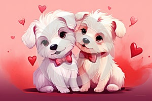 Illustration of two puppies in love with red hearts. Valentine's Day card.