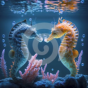 Illustration of two seahorses swimming in a vibrant underwater scene created with Generative AI