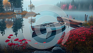 Illustration of two small boats at the dock in a misty autumn morning, AI-generated