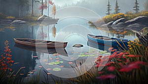 An Illustration of two small boats at the dock in a misty autumn morning, AI-generated image