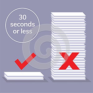 Illustration of two stacks of papers or resumes. One is a reject pile, the other is accepted. Reads 30 seconds or less