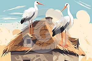 Illustration of two storks sitting on the roof of a house, spring photo. Birds have flown to warm regions