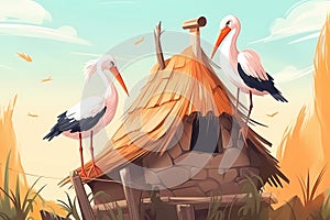 Illustration of two storks sitting on the roof of their house, spring photo. Birds have flown to warm regions