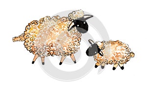 Illustration of two stylized sheep animals. Bigger and smaller. Watercolor. White background.