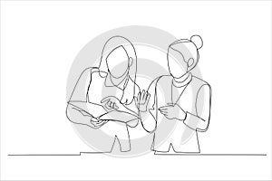 Illustration of two successful businesswomen discussing and looking to documents. One continuous line art style