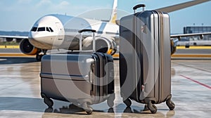 Illustration of two suitcases on the tarmac with an airplane in the background at an airport created with Generative AI technology