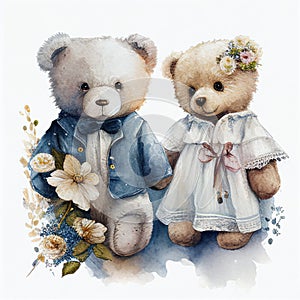 Illustration two teddy bear sitting together in flower garden Created with Generative AI technology
