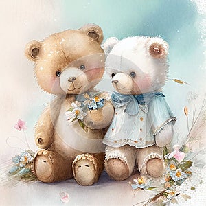 Illustration two teddy bear sitting together in flower garden Created with Generative AI technology