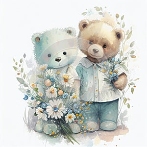 Illustration two teddy bear sitting together in flower garden Created with Generative AI technology