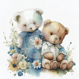 Illustration two teddy bear sitting together in flower garden Created with Generative AI technology