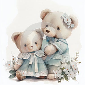 Illustration two teddy bear sitting together in flower garden Created with Generative AI technology