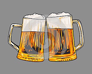 Illustration of two toasting beer mugs. Cheers. Clinking glass tankards full of beer