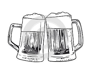 Illustration of two toasting beer mugs. Cheers. Clinking glass tankards full of beer. Vector line art