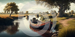 An Illustration of two vintage style fishing boats in the scenic river, AI-Generated image