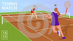 Illustration with two woman tennis players in tennis court.