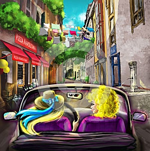 Illustration with two women in Napoli in cabrio car