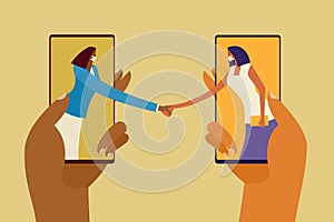 Illustration of two women wearing mask standing inside mobile phones shaking hands