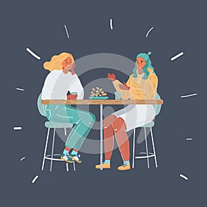 Illustration of two young women having lunch together. Female friendship concept on dark background.