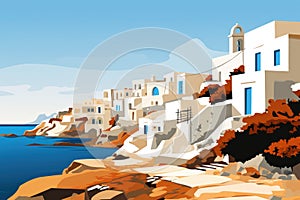Illustration of typical Greece scenic traditional white and blue houses