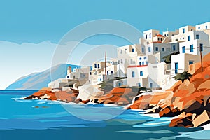 Illustration of typical Greece scenic traditional white and blue houses